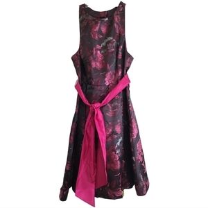 NWT Eliza J Black Pink Floral Fit and Flare Dress 14 Open Back Sash and Pockets
